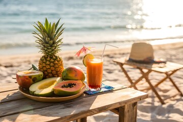 Fototapeta premium Tropical fruit platter and juice on beach table