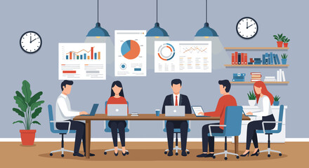 Flat vector illustration of a productive business meeting with diverse team members collaborating around a table, analyzing charts and data. Emphasizes teamwork and strategy