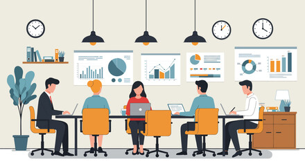 Flat vector illustration of a productive business meeting with diverse team members collaborating around a table, analyzing charts and data. Emphasizes teamwork and strategy