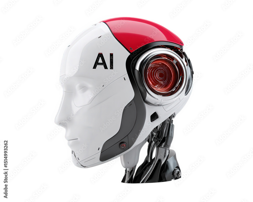 Aufkleber futuristic robot head design featuring sleek, white exterior with red accents. robot showcases advan