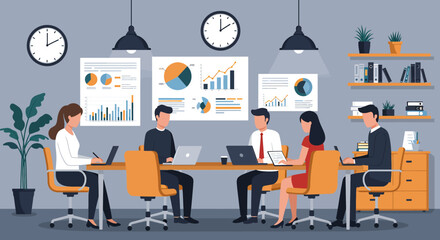 Flat vector illustration of a productive business meeting with diverse team members collaborating around a table, analyzing charts and data. Emphasizes teamwork and strategy