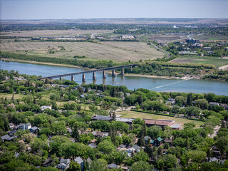 City with a river running through it and a bridge over it