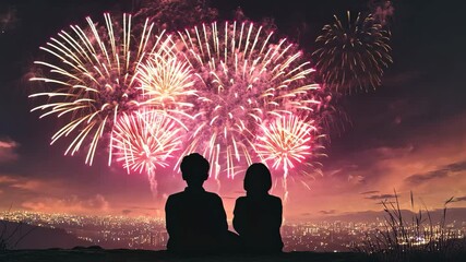 Happy New Year celebration with a romantic couple silhouetted against a night sky filled with red fireworks over the beach - Powered by Adobe