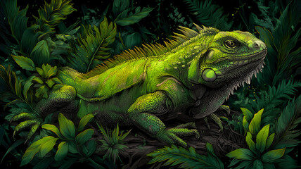 Green iguanas deep in the rainforest