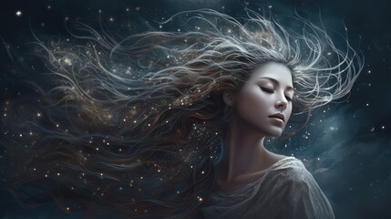 Windblown blonde hair frames a beautiful woman's face, highlighting her glamorous makeup and sensual smile