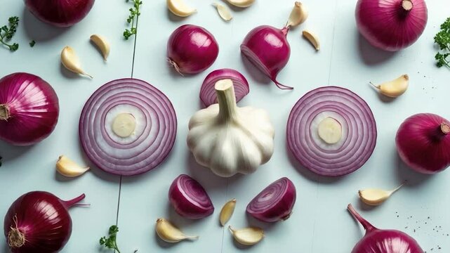 Vibrant arrangement of purple onions and garlic cloves on a light surface, showcasing whole and sliced onions with distinct rings and fresh garlic pieces scattered around.