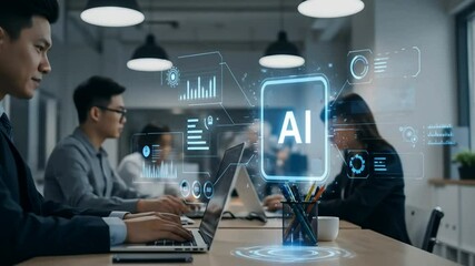 Business team discussing artificial intelligence with data overlays.	 - Powered by Adobe