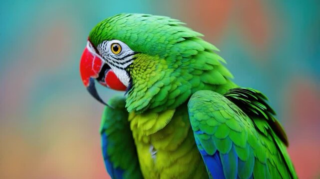 Vibrant Green Parrot with Colorful Feathers and Bright Red Beak Set Against a Softly Blurred Multicolored Background Showcasing its Expressive Eye and Distinctive Patterns