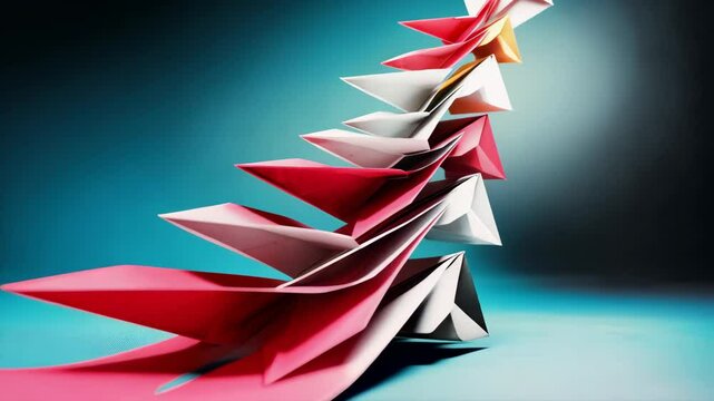 Abstract paper origami design featuring folded elements forming a dynamic and rising arrow shape in shades of pink, red, and white.
