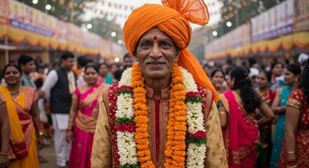 Fototapeta premium Indian Man in Festive Attire - Smiling elderly Indian man wearing a vibrant orange turban and floral garland at a cultural event