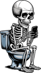 Playful Cartoon Skeleton Sitting on Toilet Using Phone – Whimsical and Detailed Humorous Vector Illustration on Transparent Background