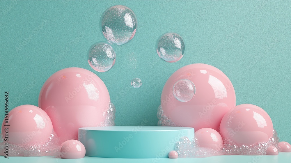 Poster a simple round podium on a pale blue background with foam and bubbles floating above. 2