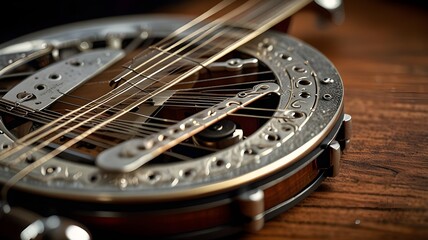 Close-up of banjo strings and resonator, no person 