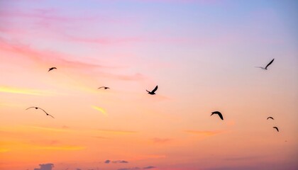 Obraz premium Birds flying in silhouette against an orange sunset sky