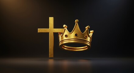 King's Crown and Cross - Golden crown and cross on dark background, symbolizing faith and . Perfect for religious or leadership concepts