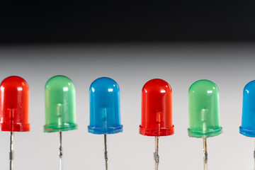 Row of Red Green Blue LED diodes as macro close-up shots
