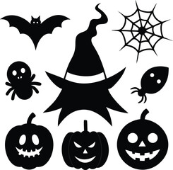 Halloween Silhouettes of Pumpkins, Ghosts, and Witches, Spooky Halloween Scene Silhouettes with Haunted House and Bats, Flying Witch, Bats, and Full Moon Silhouette