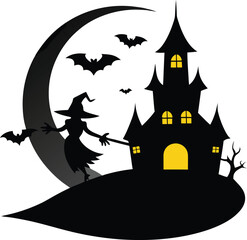 Halloween Silhouettes of Pumpkins, Ghosts, and Witches, Spooky Halloween Scene Silhouettes with Haunted House and Bats, Flying Witch, Bats, and Full Moon Silhouette