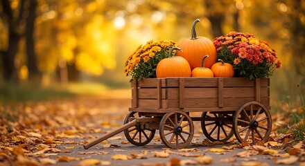 Autumnal Display with Pumpkins and Chrysanthemums in a Rustic Wooden Wagon