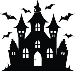 Halloween Silhouettes of Pumpkins, Ghosts, and Witches, Spooky Halloween Scene Silhouettes with Haunted House and Bats, Flying Witch, Bats, and Full Moon Silhouette