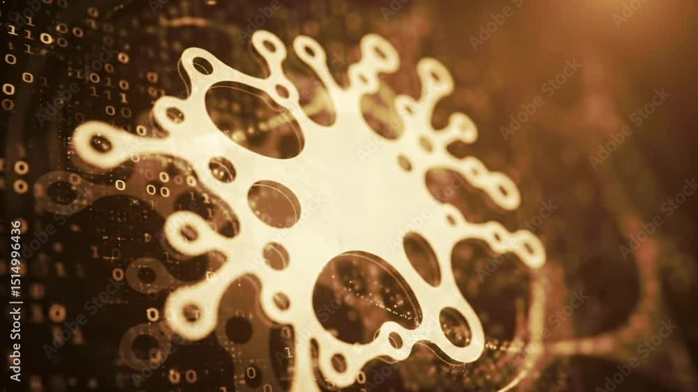 Poster abstract digital illustration of a virus with binary code background