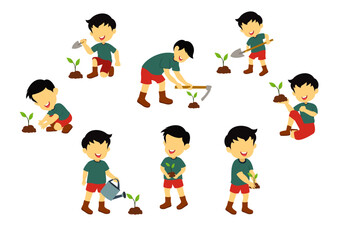 illustration set of boy planting and sleeding farm in garden.
