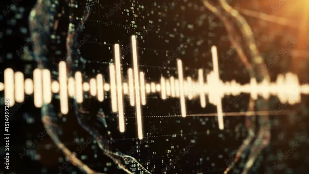 Poster audio waveform display with digital data and abstract circular design
