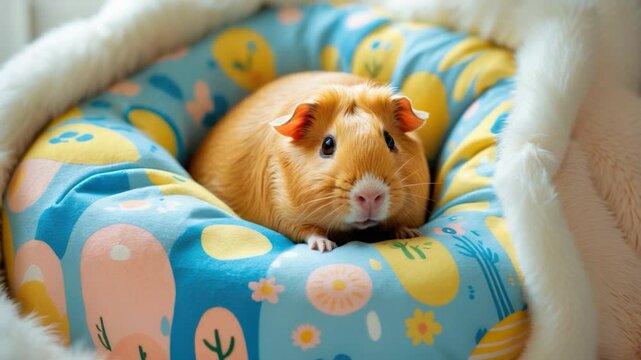 A cute golden guinea pig resting on a colorful, plush pet bed with playful floral and geometric patterns in pastel colors, exuding a cozy and cheerful ambiance.
