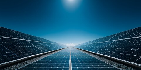 Aligned rows of dark blue photovoltaic cells on solar panel recede under bright sun. Sharp focus on near cells' texture. Vast, clear blue sky.