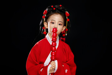 Chinese girl wearing Chinese Ming Dynasty Hanfu on black background