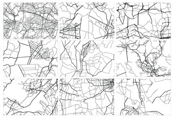 Urban Network Maps in Vector Format: An artistic representation of a complex urban network, illustrating the intricate connections of roads, railways, and infrastructure. 