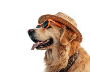 A golden retriever dog wearing a hat and orange sunglasses with its tongue sticking out on black background