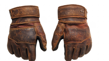 Pair of worn vintage leather work gloves, isolated on white background, ideal for industrial safety, labor use, outdoor work, or rustic themed 