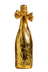 Golden wrapped champagne bottle, tied with a bow, perfect for a special celebration.