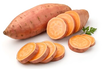 Whole and sliced sweet potatoes with parsley on white background