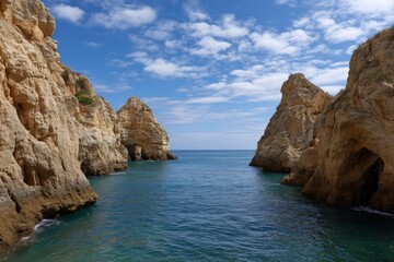 Fototapeta premium Cliffs enclose blue water under a cloudy sky rock formations with a small plant and arches are visible