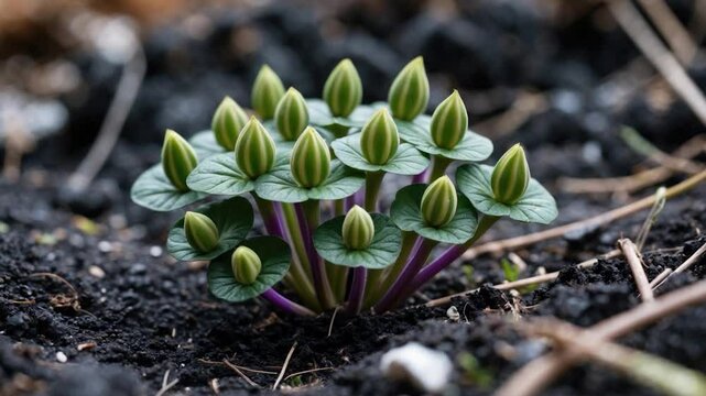 Fresh cluster of emerging green leaves and buds from a plant, set against dark, rich soil, showcasing a vibrant growth pattern with distinct purple stems and glossy foliage.