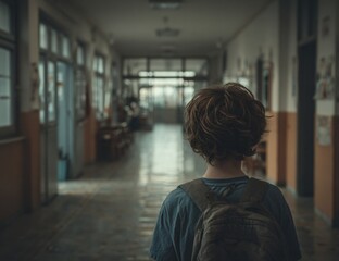 Child with Backpack Walking Alone Down School Hallway Back View Youth Education