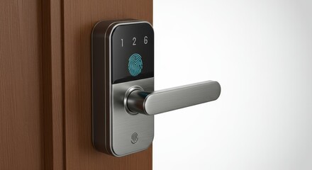 Secure Fingerprint Door Lock System - Modern home security, biometric fingerprint access, keypad, enhanced safety, convenient keyless entry. Symbolizing: protection, technology, innovation