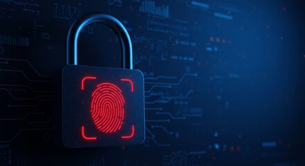 Secure Fingerprint Lock - A padlock with a red fingerprint scan on a dark blue technology background. Represents secure access and data protection