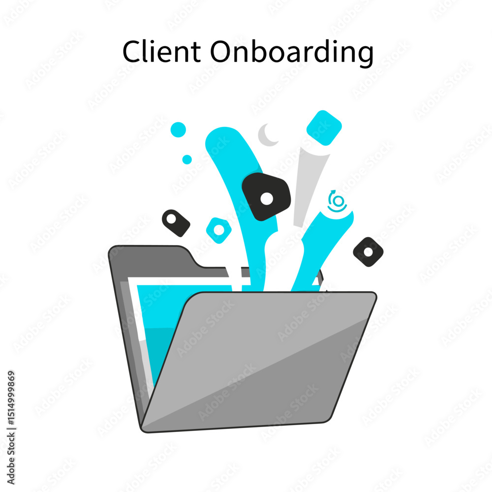 Aufkleber client onboarding: a symbolic visual portraying client onboarding with an open folder, filled with a