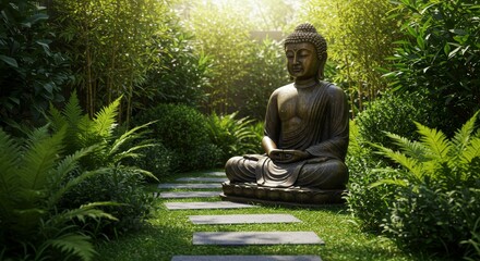 Serene Bronze Buddha in Tranquil Garden - A bronze Buddha statue meditates peacefully in a lush green garden, symbolizing tranquility, enlightenment, serenity, peace, and spiritual growth