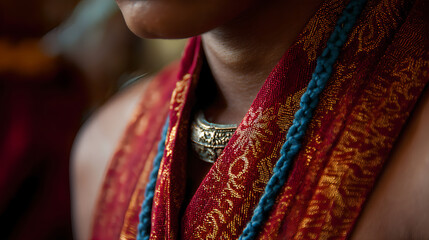 A yajnopavita (sacred thread) worn by a young Brahmin during an upanayana ceremony. AI generated images.
