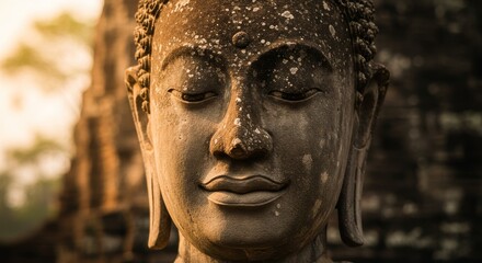 Serene Buddha Statue at Sunrise - Close-up of a weathered Buddha statue, bathed in the warm light of sunrise. Peaceful and serene expression