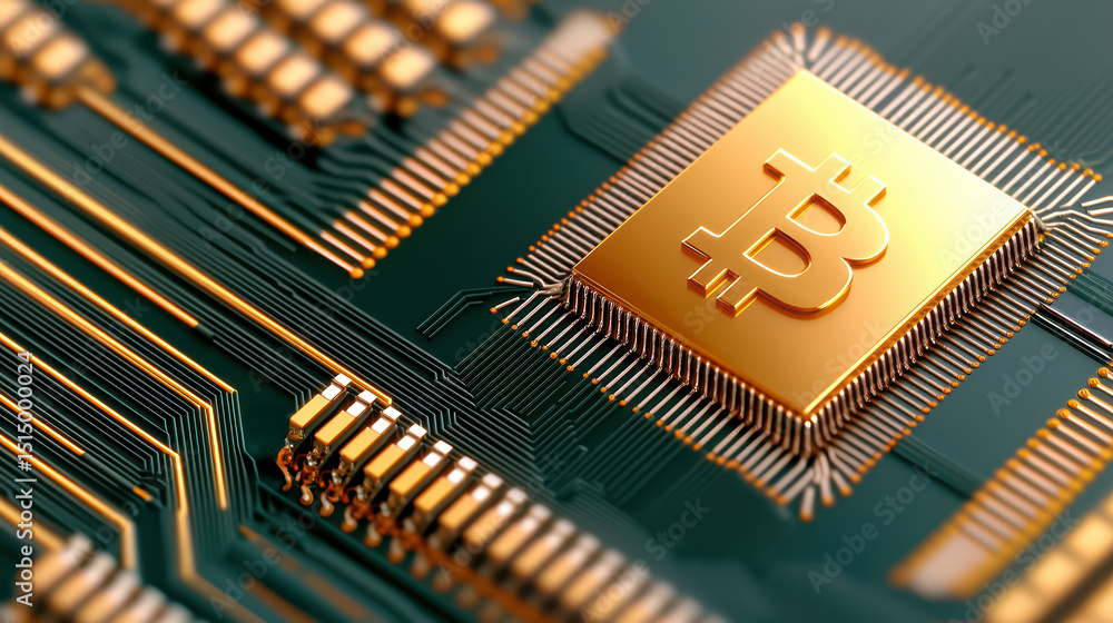 Aufkleber macro image of a computer chip with a golden bitcoin symbol, symbolizing cryptocurrency mining, bloc