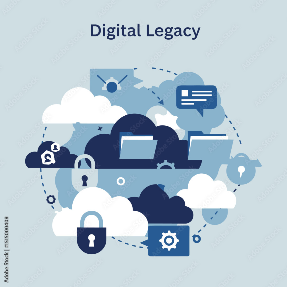 Poster digital legacy: abstract illustration of digital legacy concept, data storage, cloud computing and i