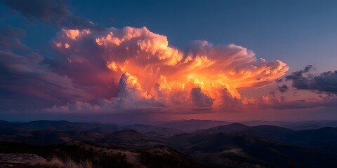 Massive anvil cumulonimbus cloud at sunset, backlit orange, purple. Dark silhouetted hills below. High contrast. Epic scale. Cinematic HDR.
