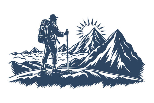 blue hiker on mountain peak clip art preview