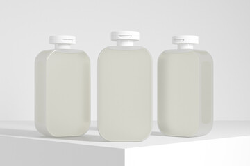 translucent cubic shape bottle mockup, flipcap square water bottles packaging, tall ractangular shape PET bottle, luxury personal care product packaging, flip top cap sqaure shape liquid container