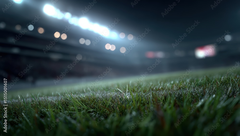 Poster close up view of lush green grass in stadium, illuminated by bright stadium lights in background, cr